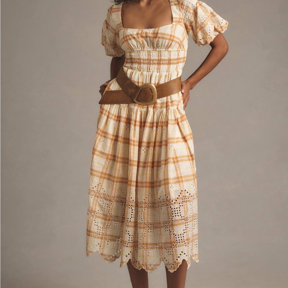 By Anthropologie Puff-Sleeve Orange and White Eyelet Plaid Midi Dress New w Tags